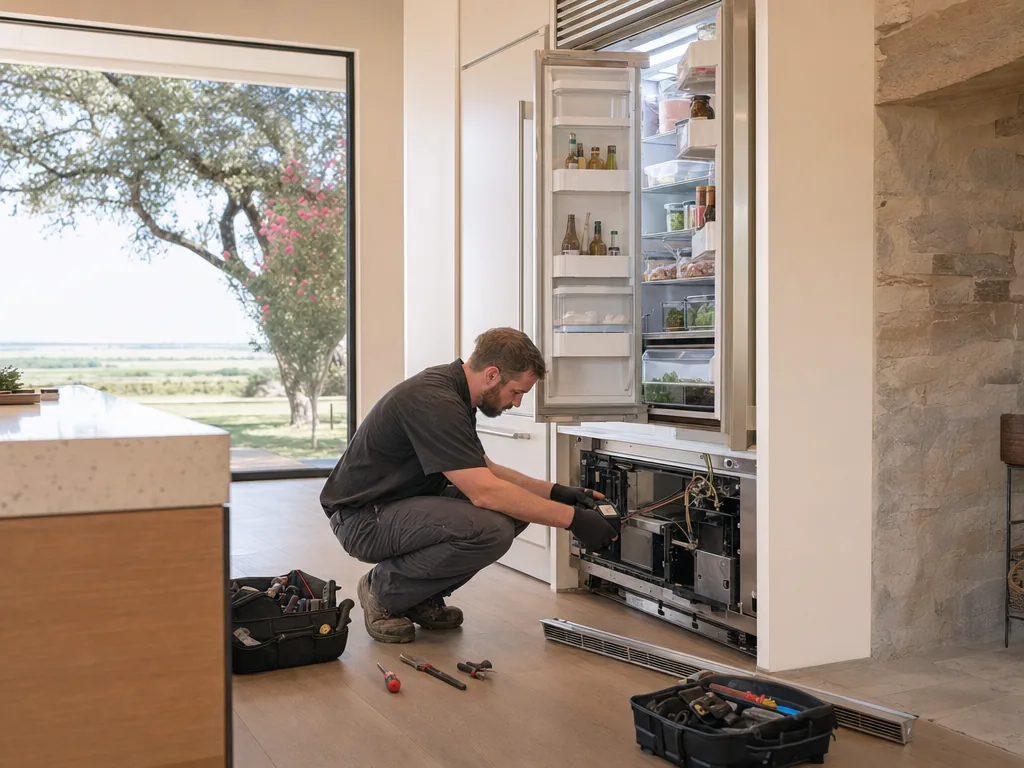 Technician servicing a built-in appliance in a Dallas-Fort Worth kitchen