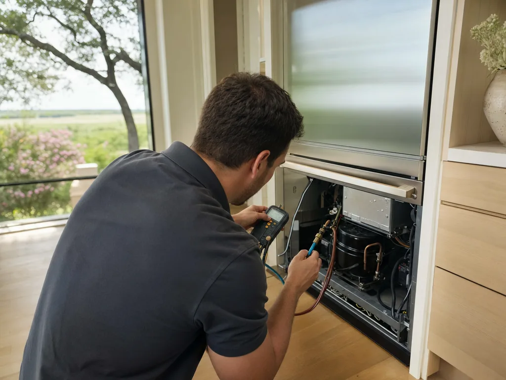 Appliance repair in Dallas, TX Technician servicing a built-in refrigerator in a Dallas kitchen