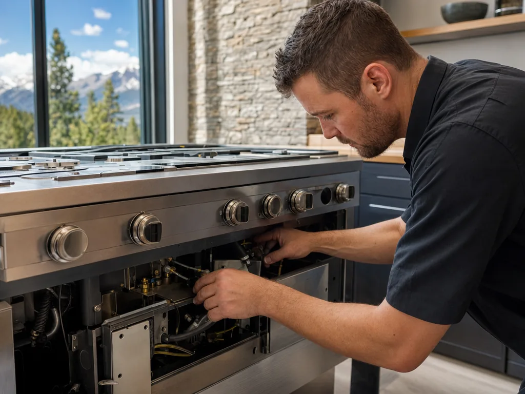 Technician servicing a built-in appliance in a Denver kitchen