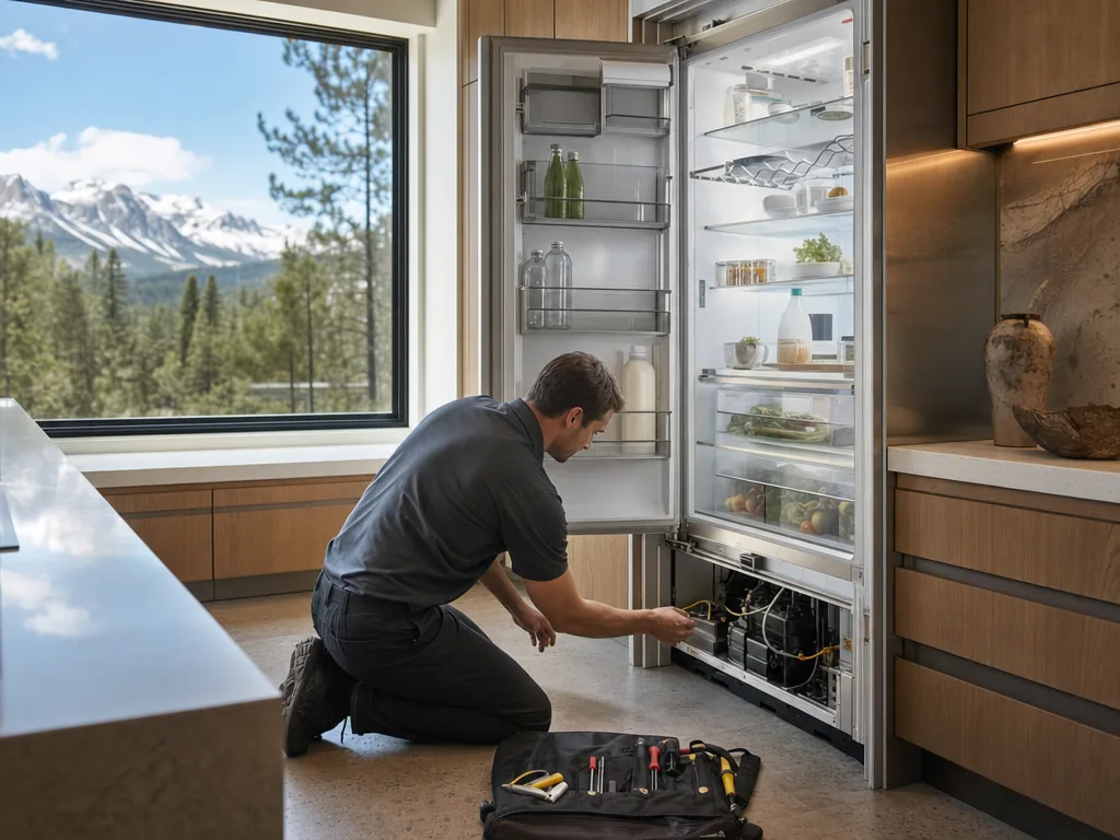 Technician servicing a built-in appliance in a Denver kitchen