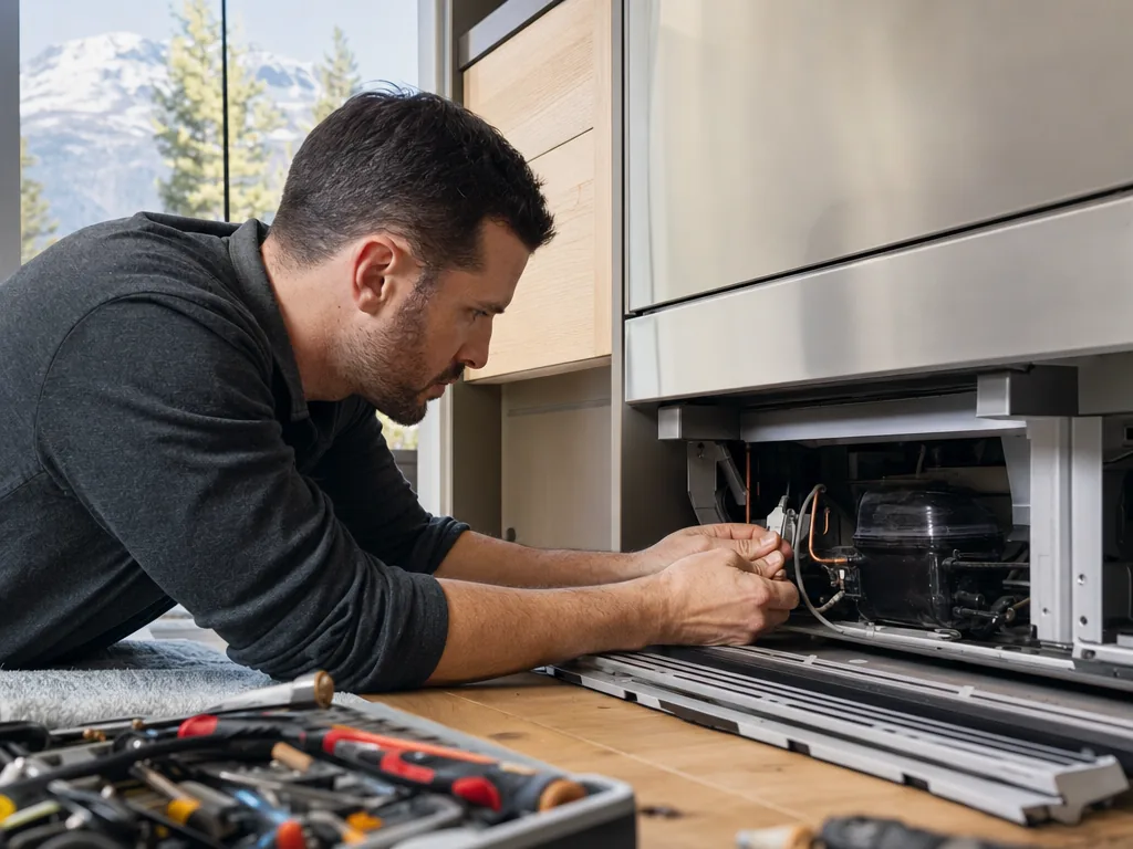 Appliance repair in Denver, CO Technician servicing a built-in refrigerator in a Denver kitchen