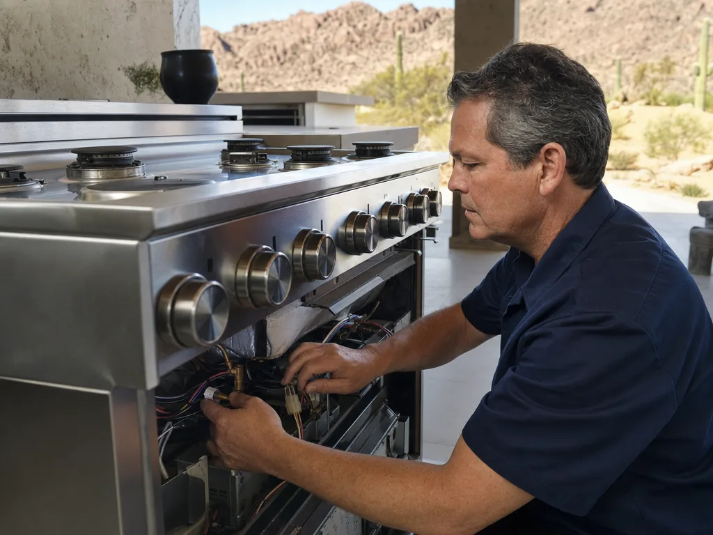 Appliance repair in the Las Vegas area Technician servicing a built-in appliance in a Las Vegas kitchen
