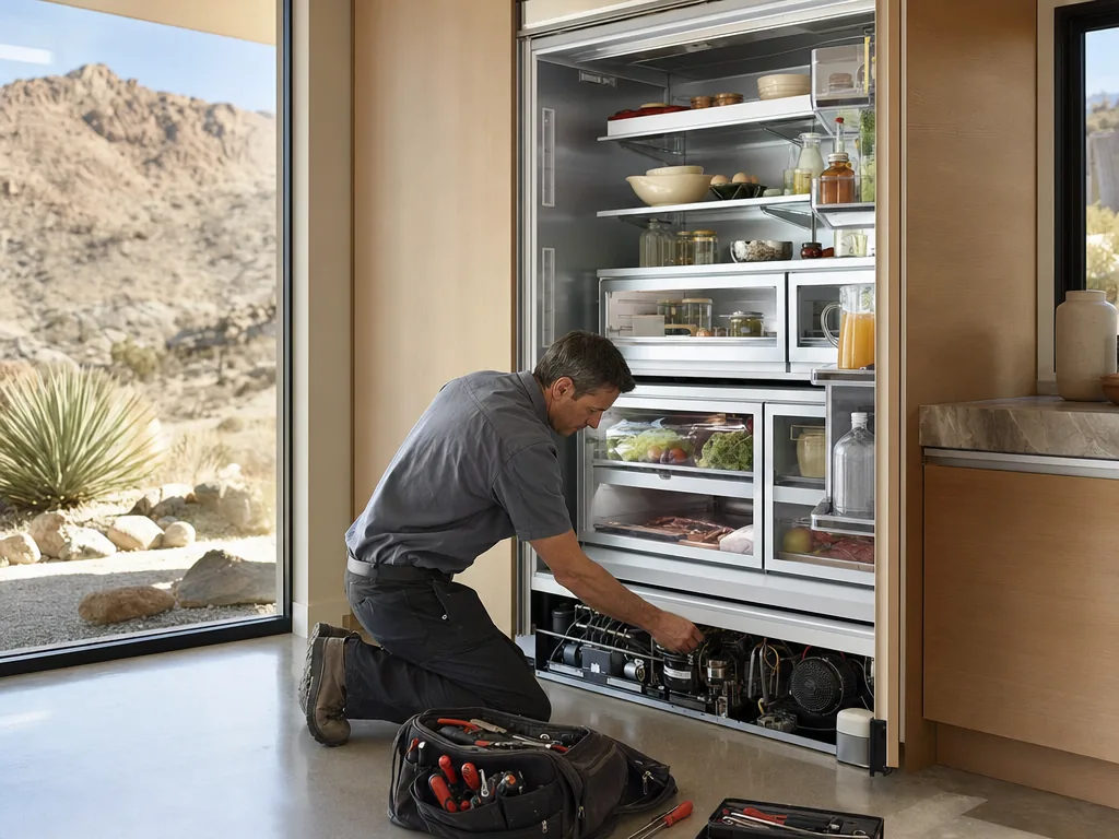 Appliance repair in the Las Vegas area Technician servicing a built-in appliance in a Las Vegas kitchen