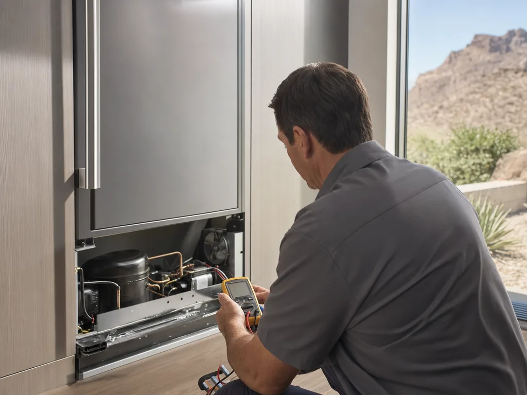 Technician servicing a built-in refrigerator in a Las Vegas kitchen