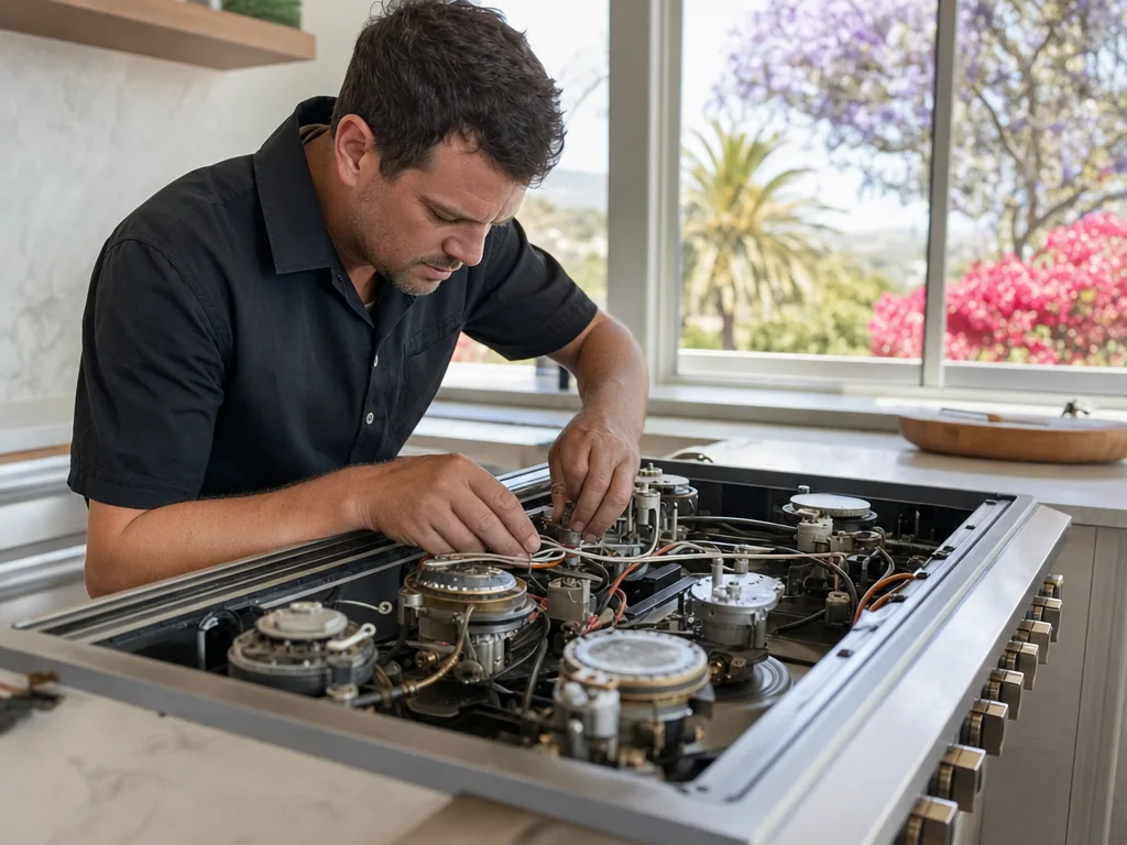 Technician servicing a built-in appliance in a Los Angeles kitchen