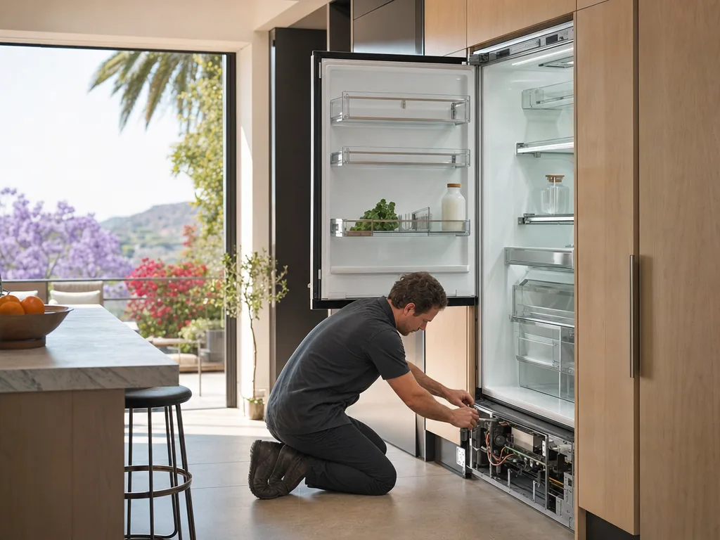 Technician servicing a built-in appliance in a Los Angeles kitchen