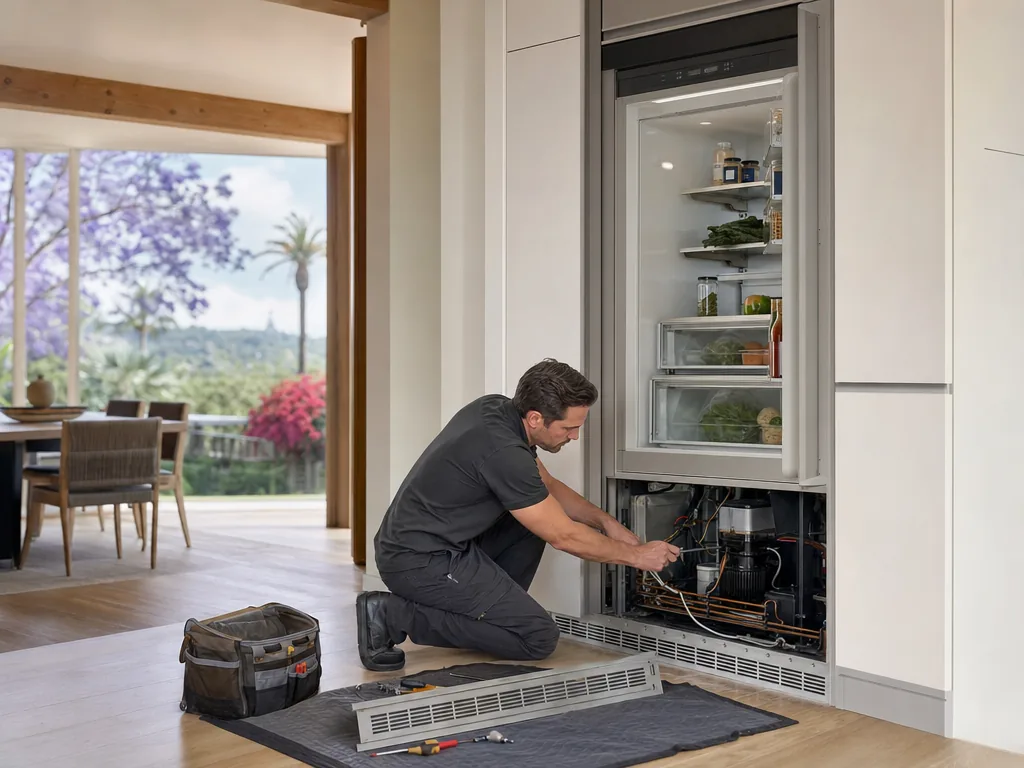 Technician servicing a built-in refrigerator in a Los Angeles kitchen