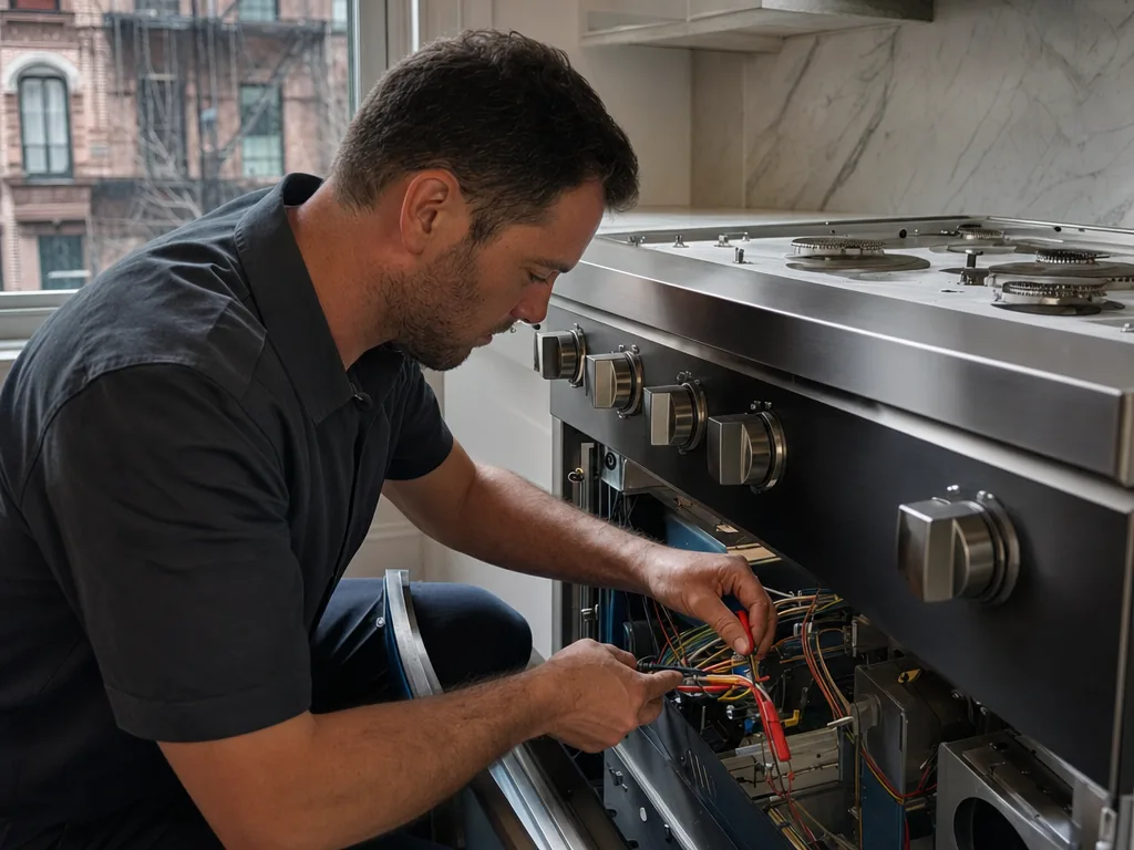 Technician servicing a built-in appliance in a New York City kitchen