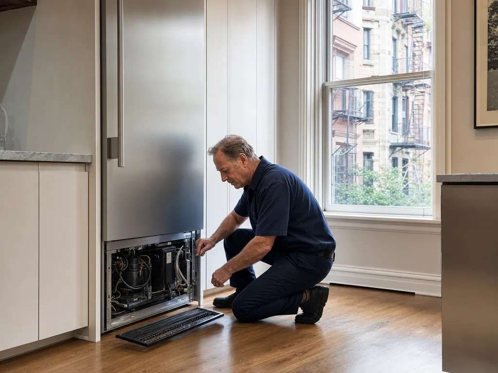 Appliance repair in the New York City area Technician servicing a built-in appliance in a New York City kitchen