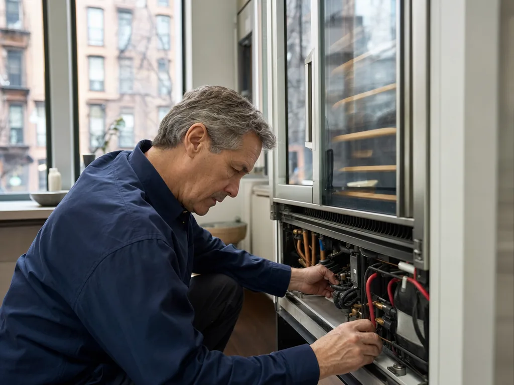 Technician servicing a built-in refrigerator in a New York City kitchen