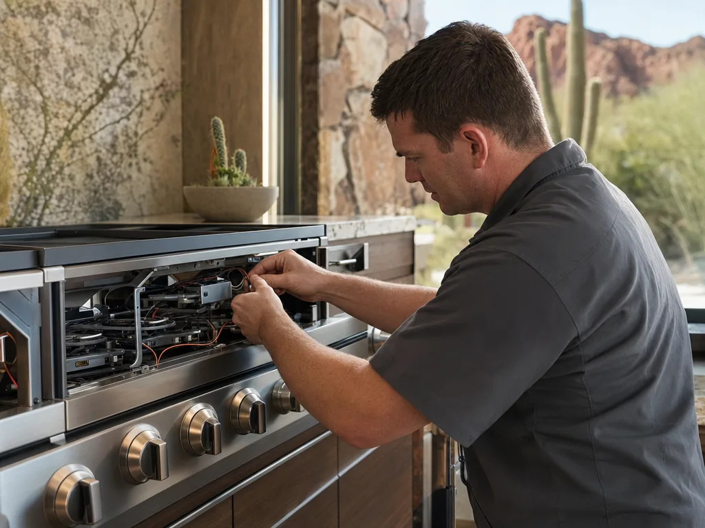 Technician servicing a built-in appliance in a Phoenix kitchen