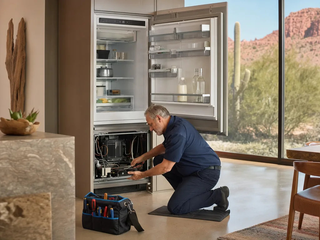 Technician servicing a built-in appliance in a Phoenix kitchen