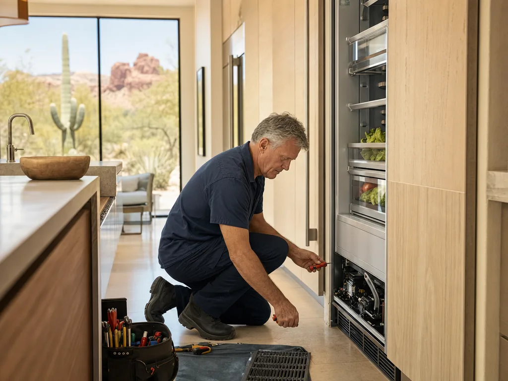 Technician servicing a built-in refrigerator in a Phoenix kitchen