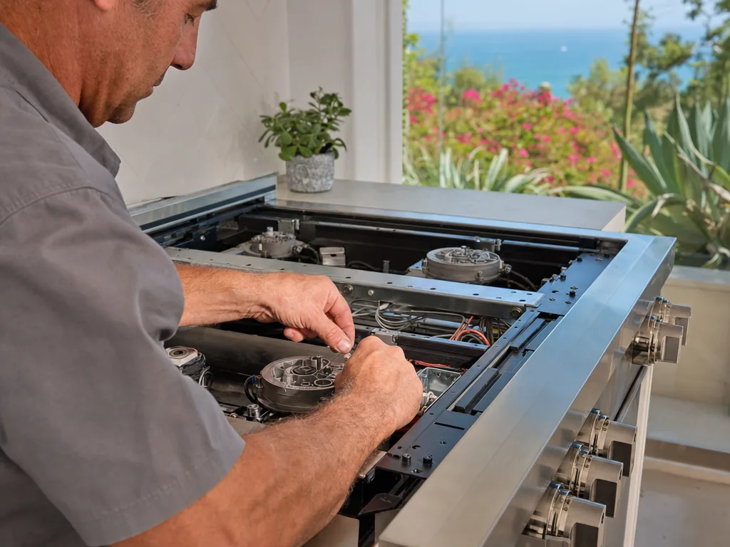 Technician servicing a built-in appliance in a San Diego kitchen