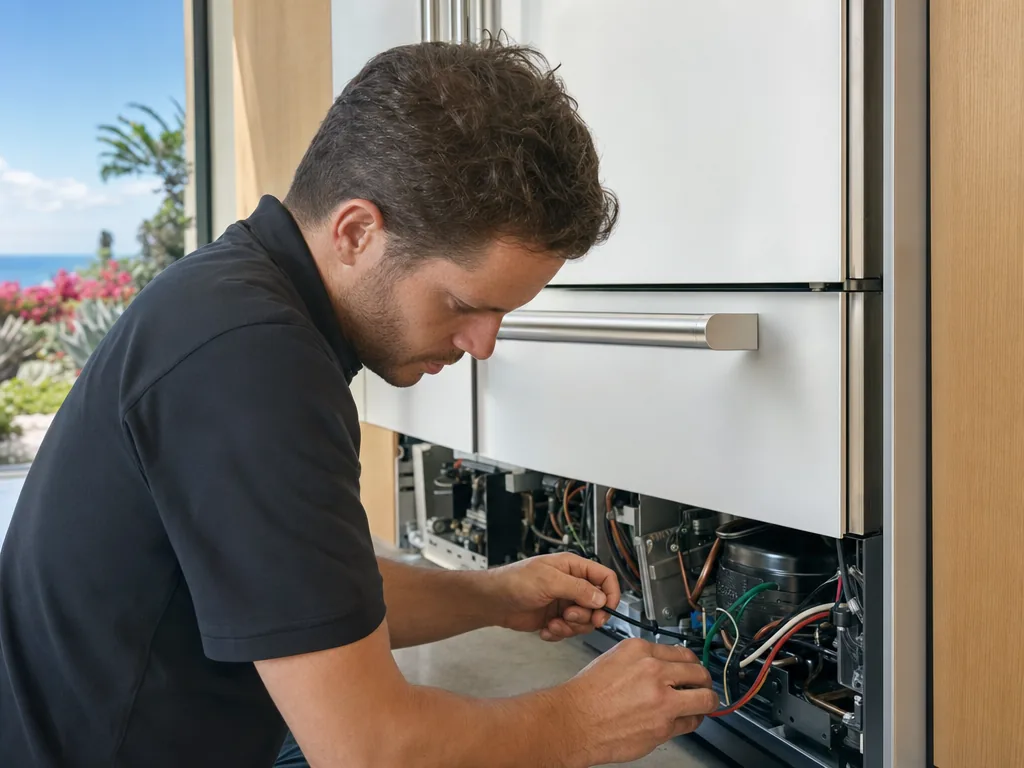 Appliance repair in San Diego, CA Technician servicing a built-in refrigerator in a San Diego kitchen