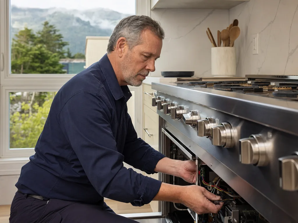 Technician servicing a built-in appliance in a the Bay Area kitchen