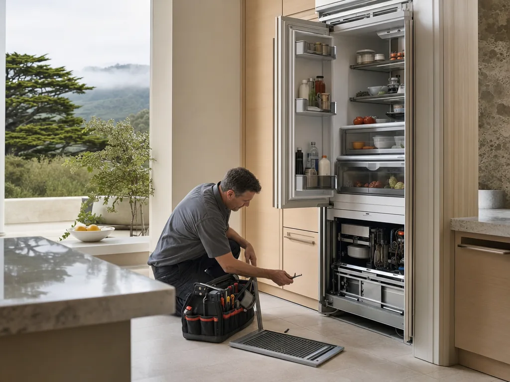 Technician servicing a built-in appliance in a the Bay Area kitchen