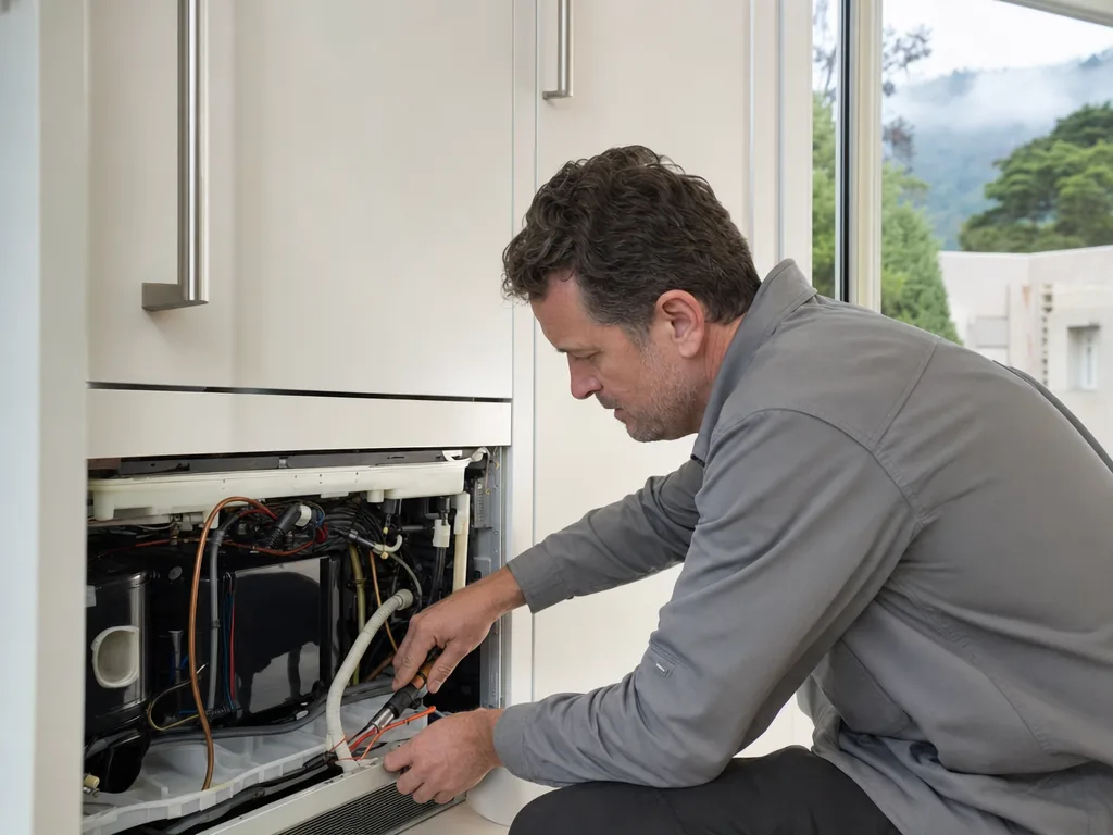 Appliance repair in San Francisco, CA Technician servicing a built-in refrigerator in a San Francisco kitchen