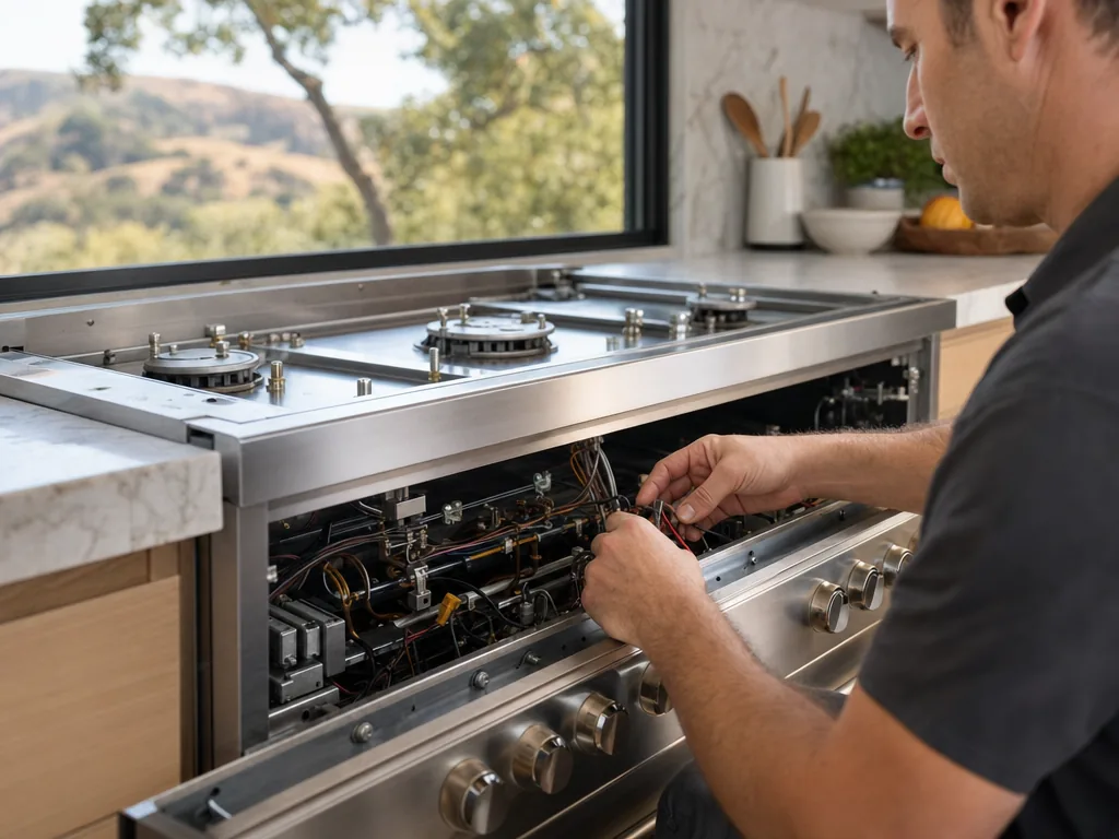 Technician servicing a built-in appliance in a Silicon Valley kitchen