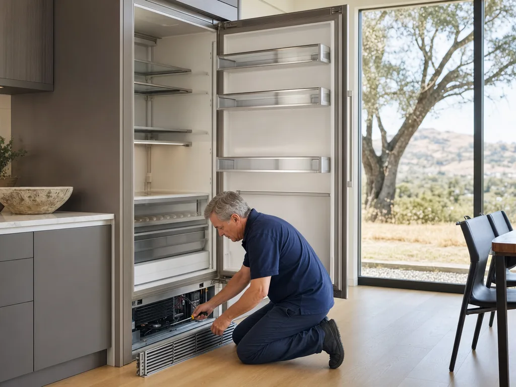 Technician servicing a built-in appliance in a Silicon Valley kitchen