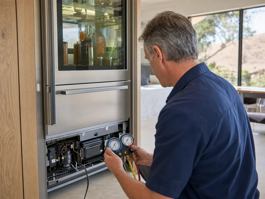 Technician servicing a built-in refrigerator in a San Jose kitchen