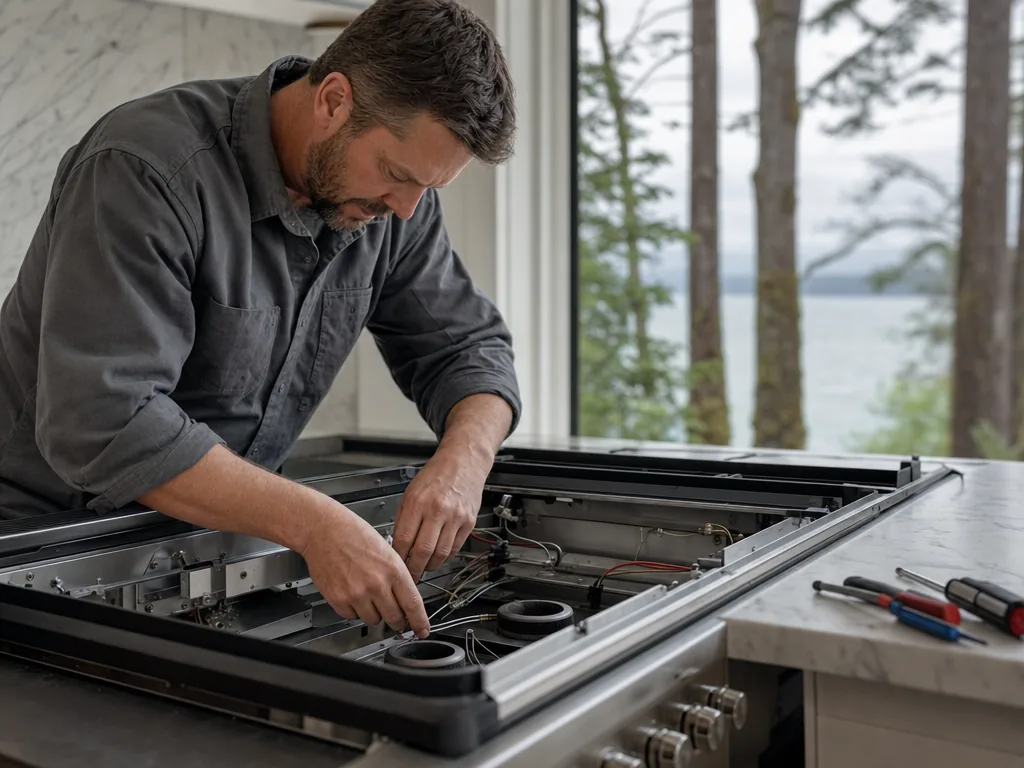 Technician servicing a built-in appliance in a Puget Sound kitchen