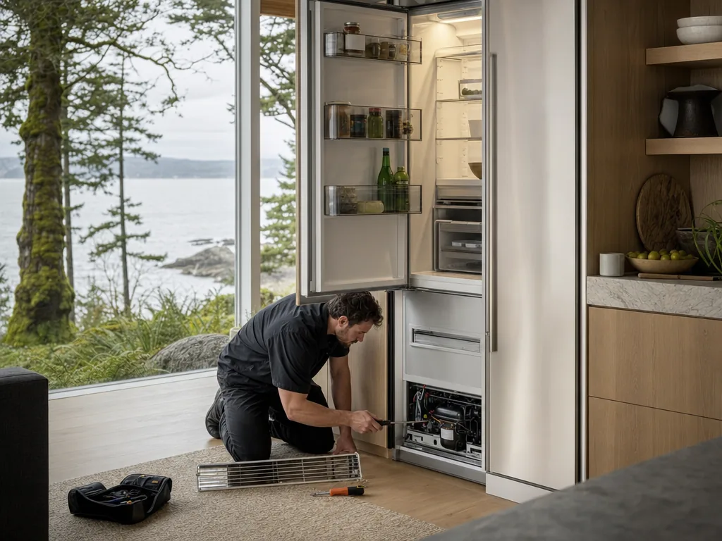Technician servicing a built-in appliance in a Puget Sound kitchen