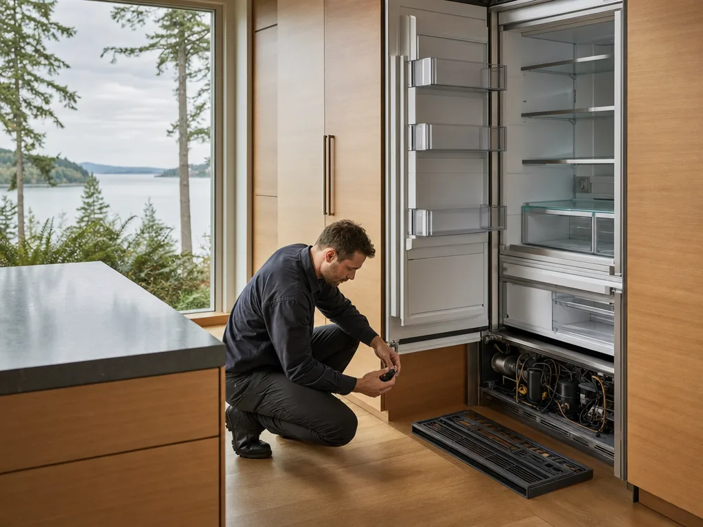 Appliance repair in Seattle, WA Technician servicing a built-in refrigerator in a Seattle kitchen