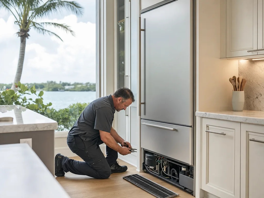 Technician servicing a built-in appliance in a Tampa Bay kitchen