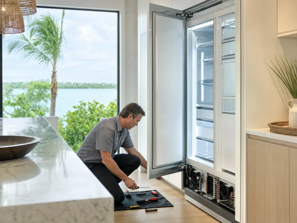 Technician servicing a built-in refrigerator in a Tampa kitchen