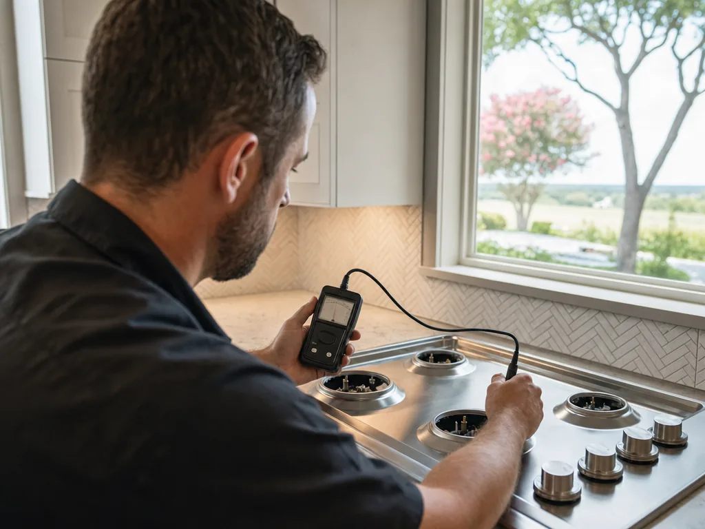 Technician repairing a built-in cooktop