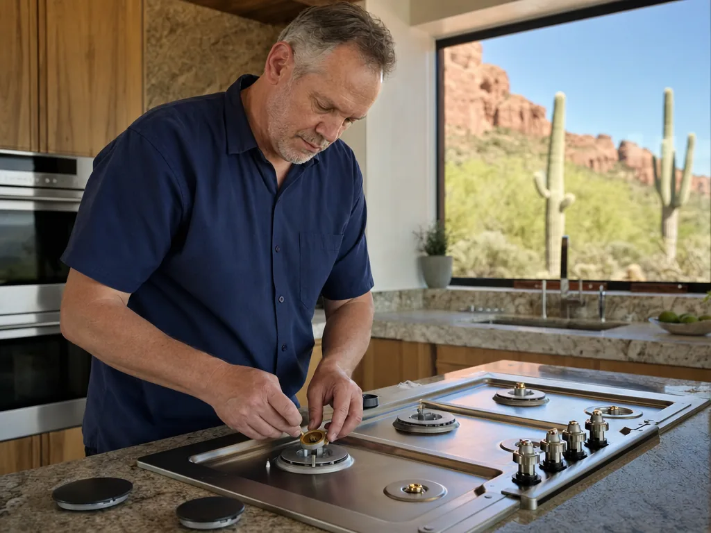 Technician repairing a built-in cooktop in a home kitchen