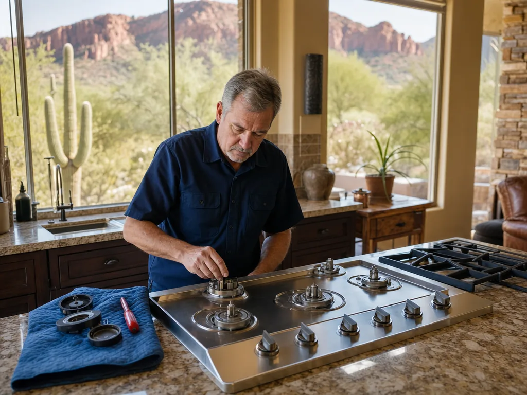 Technician repairing a built-in cooktop