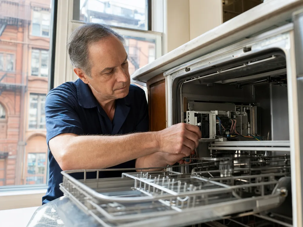 Technician repairing a built-in dishwasher