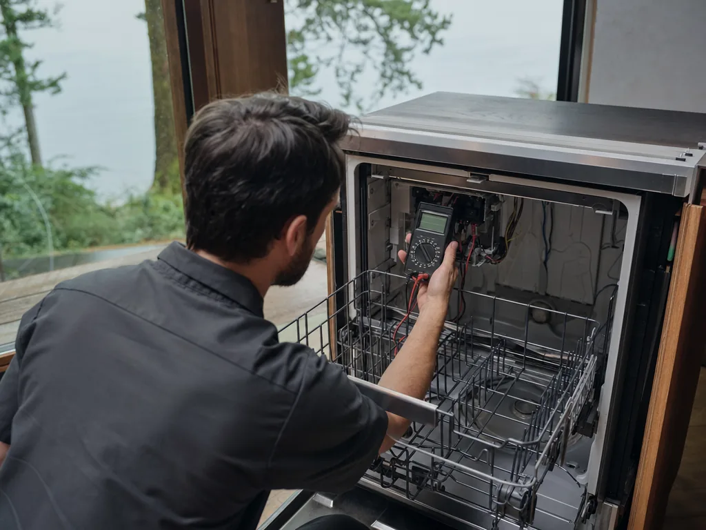 Technician repairing a built-in dishwasher