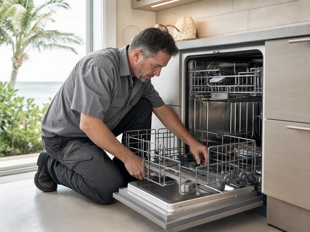 Technician repairing a built-in dishwasher in a home kitchen