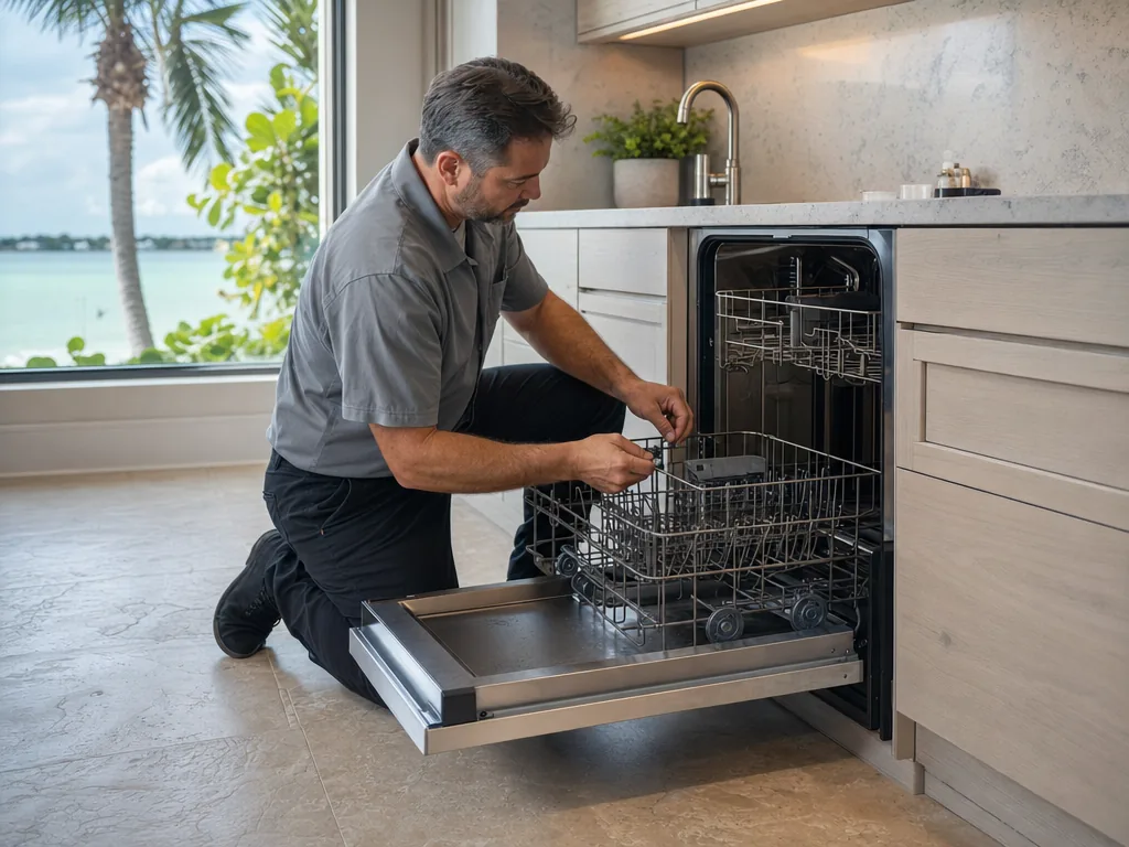 Technician repairing a built-in dishwasher