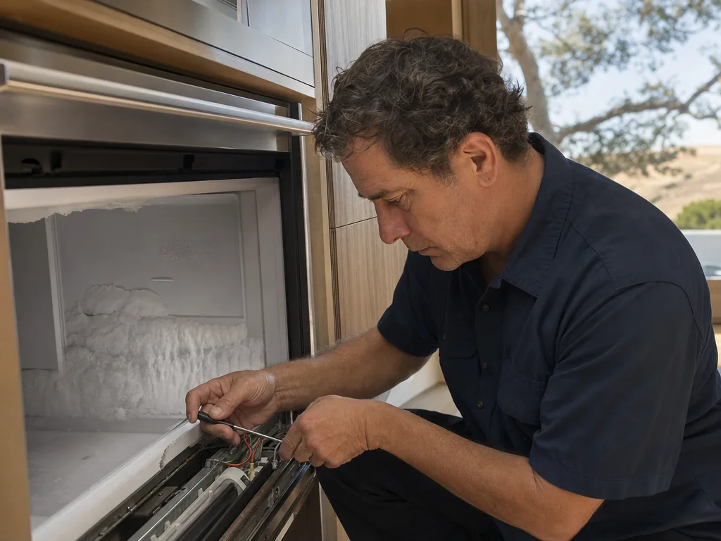 Technician repairing a built-in freezer