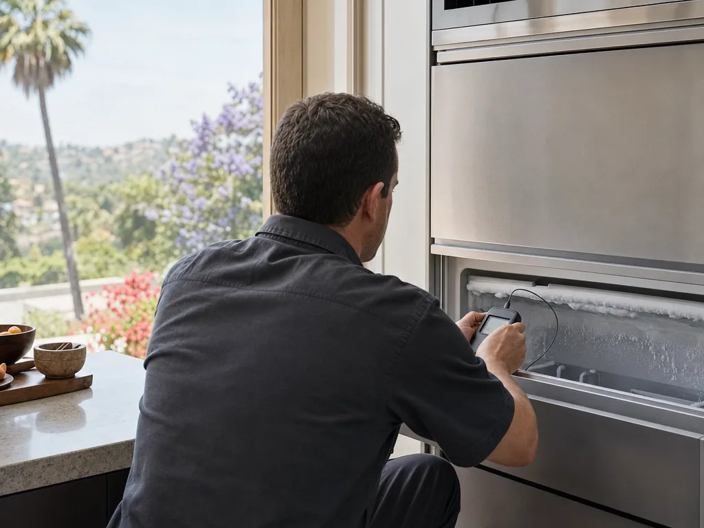 Technician repairing a built-in freezer