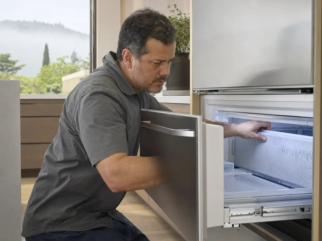 Technician repairing a built-in freezer in a home kitchen