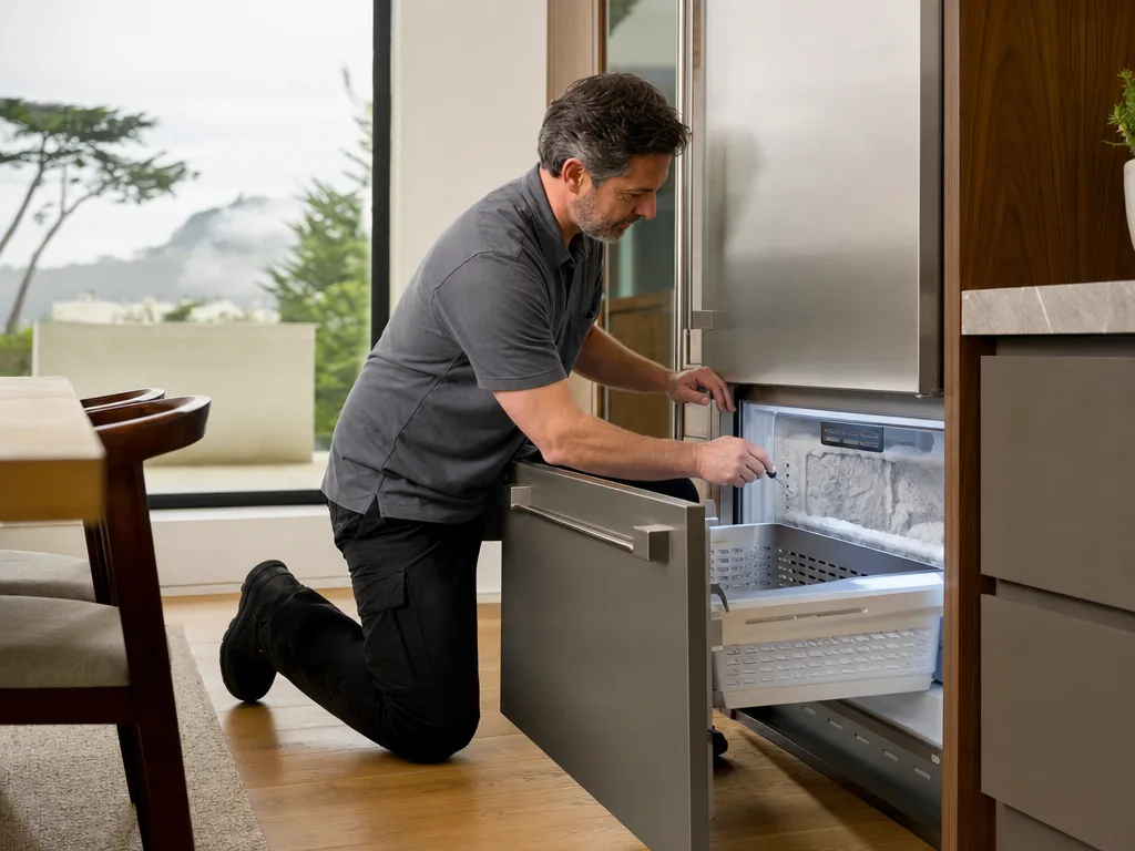 Technician repairing a built-in freezer