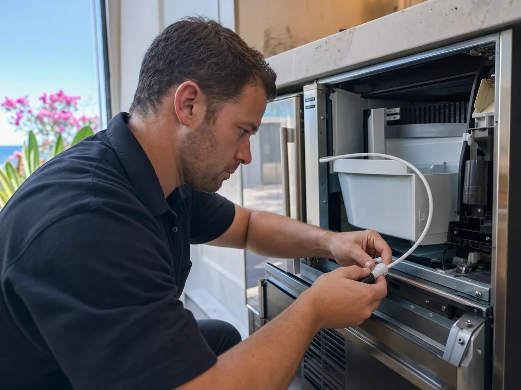 Technician repairing a built-in ice maker