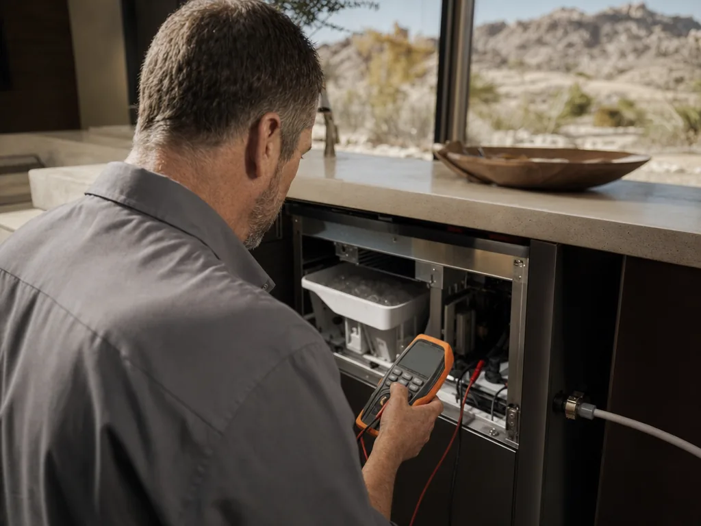 Technician repairing a built-in ice maker