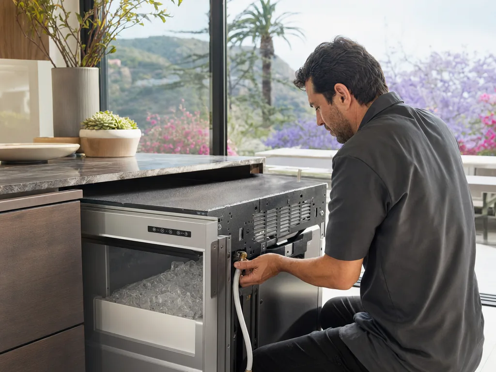 Technician repairing a built-in ice maker in a home kitchen