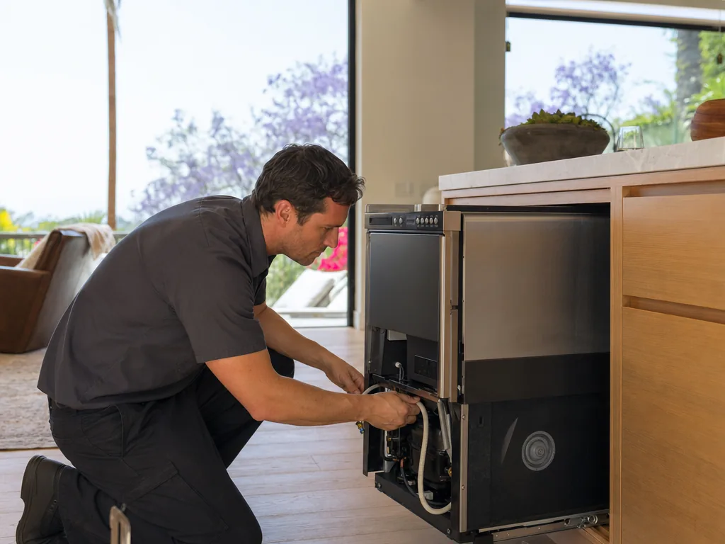 Technician repairing a built-in ice maker