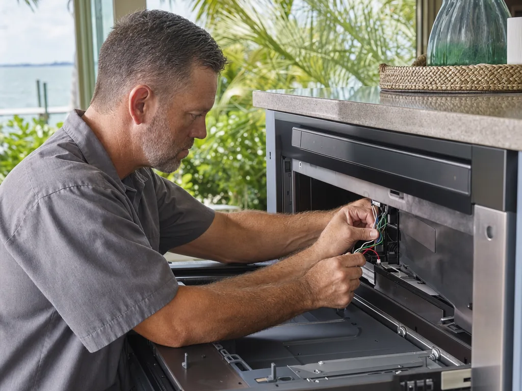 Technician repairing a built-in microwave