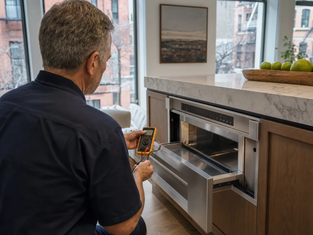 Technician repairing a built-in microwave