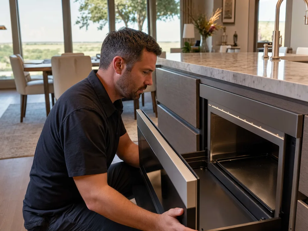 Technician repairing a built-in microwave in a home kitchen