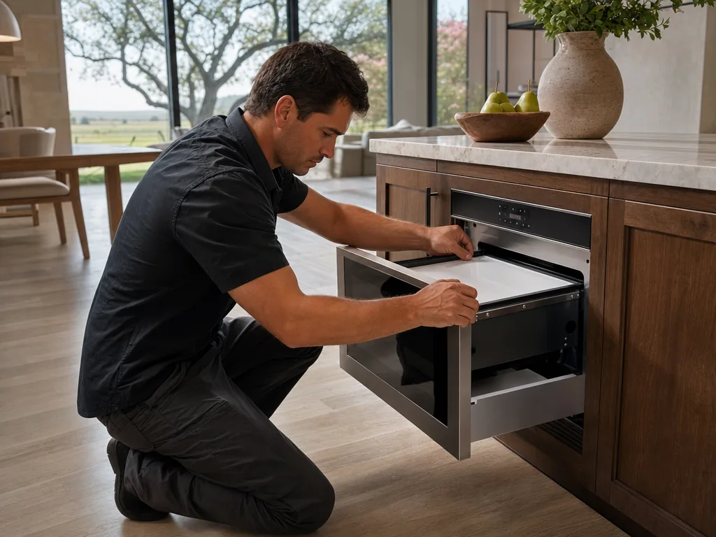 Technician repairing a built-in microwave