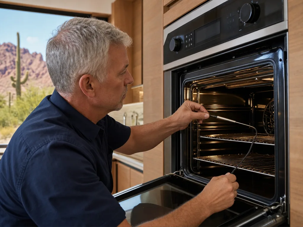 Technician repairing a built-in oven